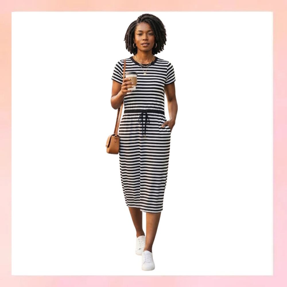 MICHAEL Michael Kors Black & White Striped Drawstring Midi Dress Sz L